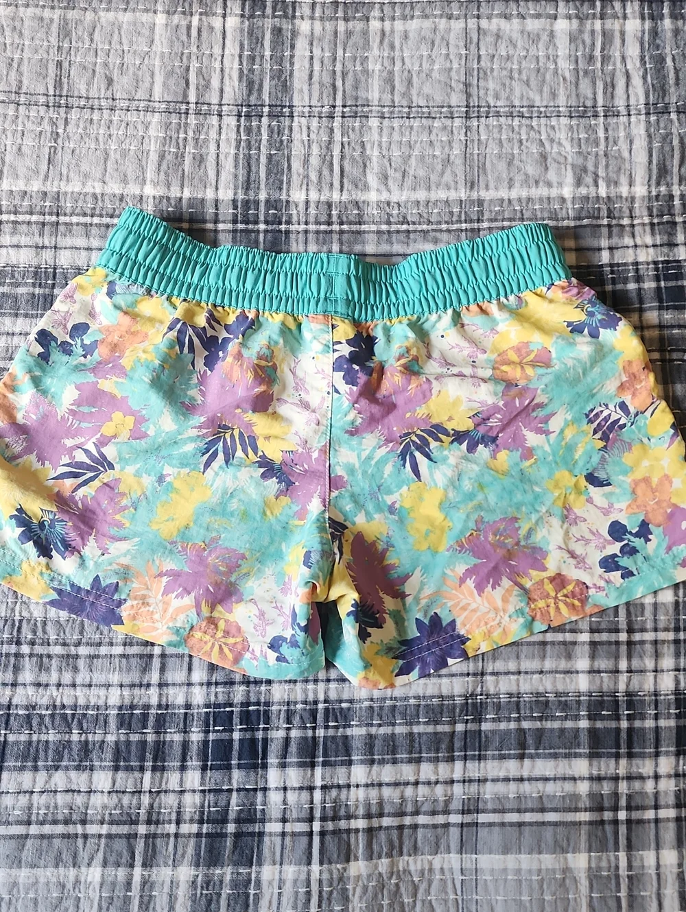 Patagonia Teal Floral Swim Shorts with Yellow & Purple Accents